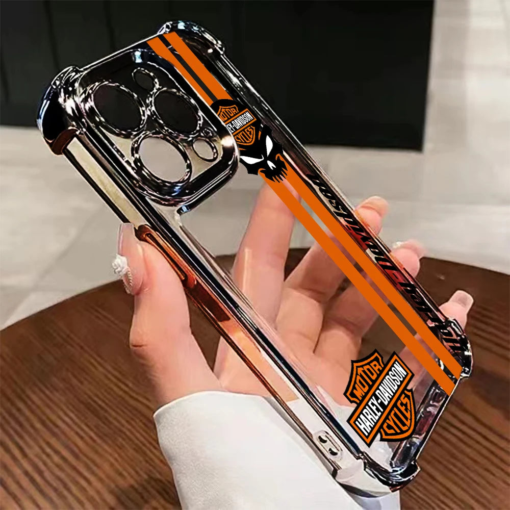 Luxury Skull Y-Harleyes Motorcycles Plating Phone Case For iPhone 17 16e 16 15 14 13 12 11 Pro Max 8 Air Plus Anti-Fall Airabag