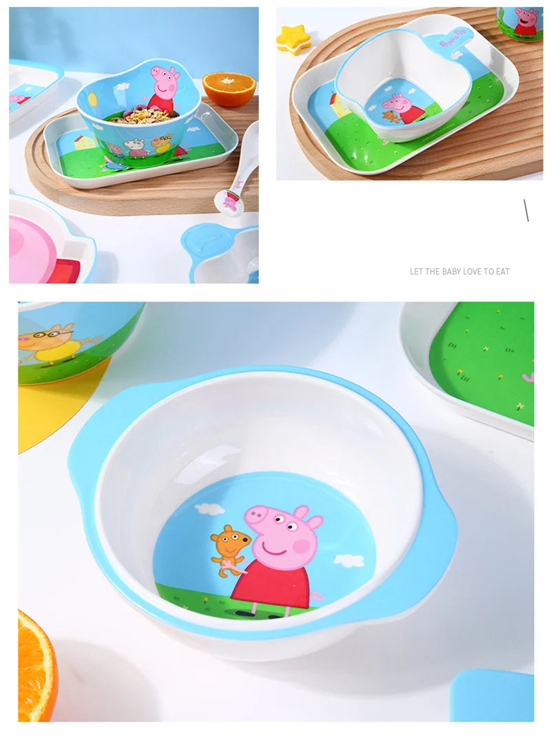 For Peppa Pig Tableware Cartoon Salad Bowl Anti-Fall Dining Plate Cup Spoon Baby Eating Double-ear Bowl Food-grade Divided Plate