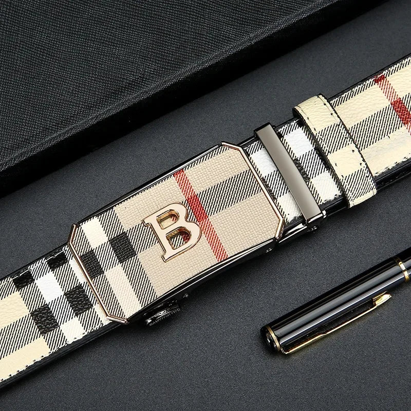 Trendy Plaid B Letter Automatic Buckle Belt for Men Premium Quality Fashionable Business Style Versatile Home Use