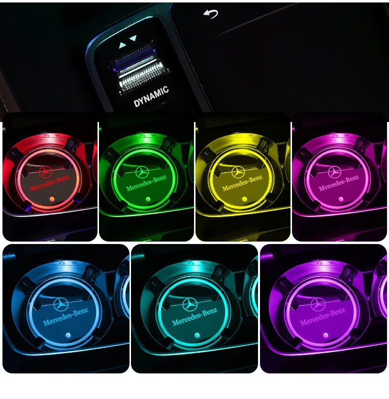Car Glowing Coasters LED Light Water Cup Mat For Mercedes Benz AMG W203 W206 W220 W205 W211 Car USB Charging Coasters keychain