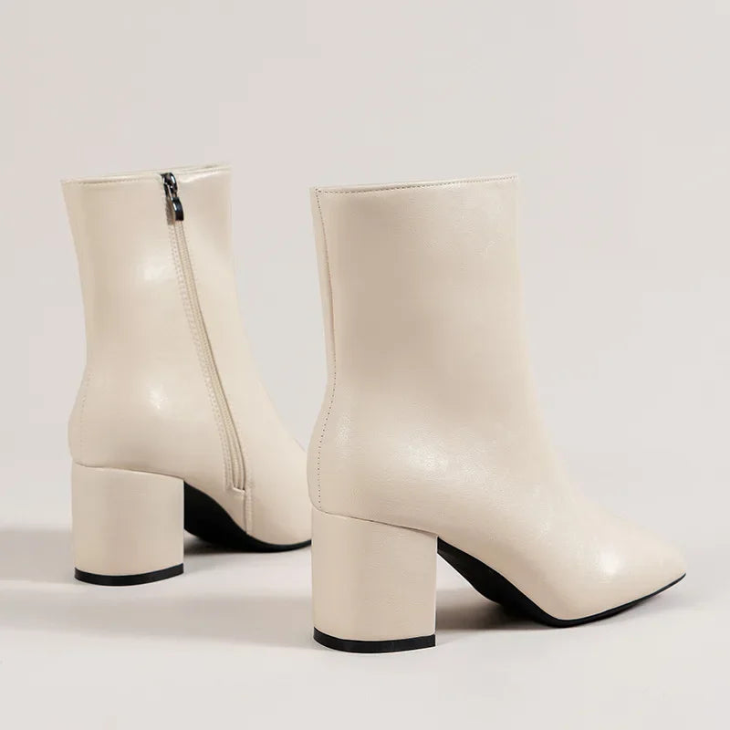 White Ankle Boots for Women 2024 New Side Zipper Stretch Middle Heel Large Size Short Boot Fashion Pointed Shoes Botas De Mujer