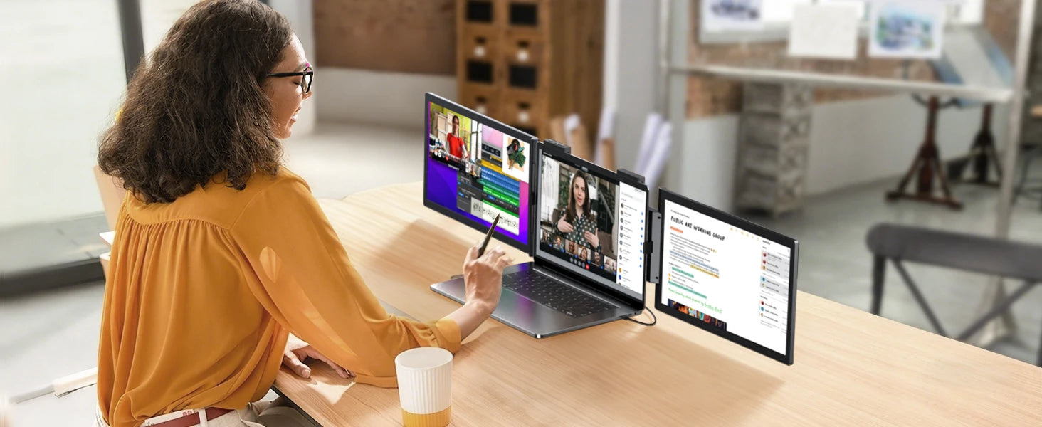 Amoudo14 Inch Dual Portable Monitor 1920*1080P IPS Portable Triple Monitor with USB-C Port for 14-16.5" Laptops Windows/Mac Xbox