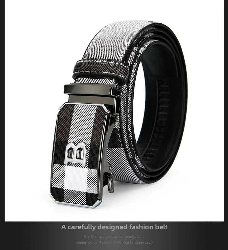Trendy Plaid B Letter Automatic Buckle Belt for Men Premium Quality Fashionable Business Style Versatile Home Use