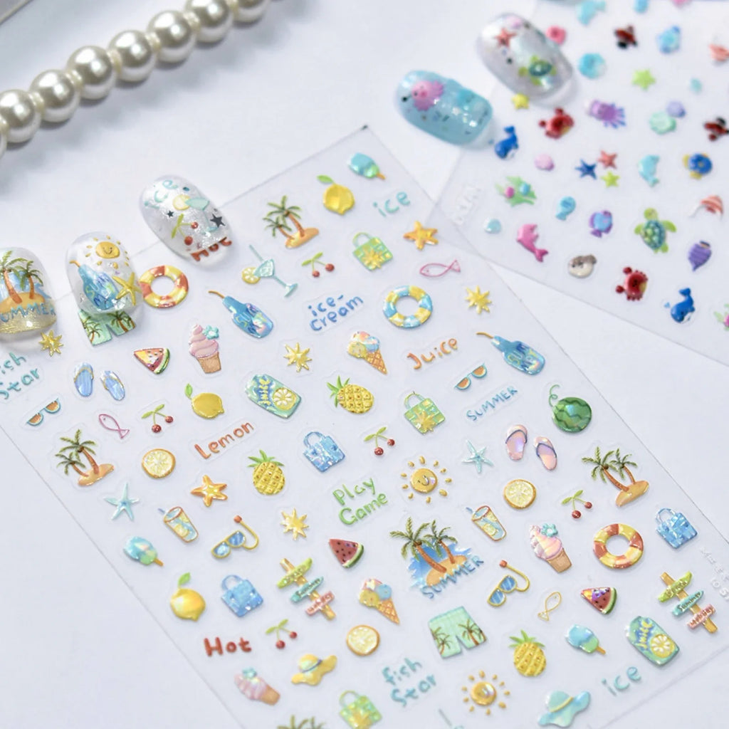 5D Fresh Summer Vacation Nail Sticker Coconut Tree Tropical Fruit Ice Cream Swim Ring Sunglasses Seaside Holiday Nail Art Decal