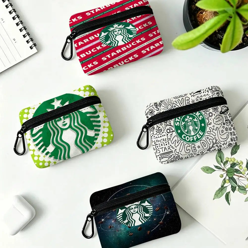 Cool S-Starbucks LOGO Mini Hanging Oxford Cloth Coin Bag Durable Zipper Key Card Pouch With Carabiner