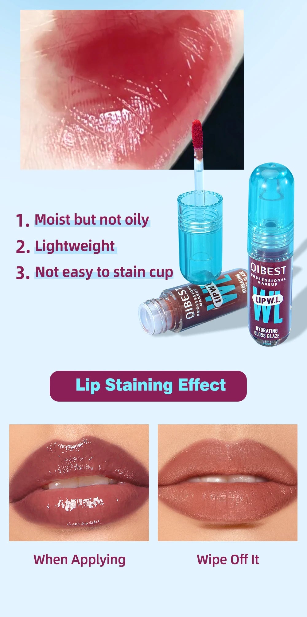 QIBEST Hydrating Crystal Lip Gloss Easy to Fade Mirror Water Glazed Lip Glaze Long Lasting Moisturizing Gloss Lip Tint Cosmetics