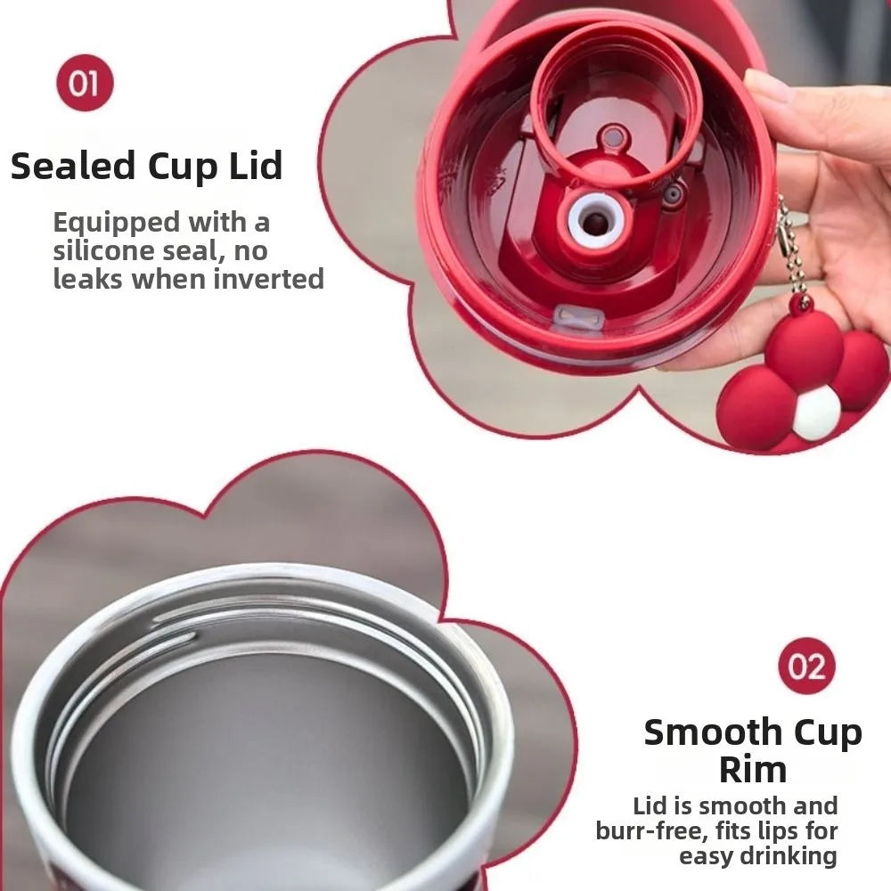 500ML 316 Stainless Steel Straw Cup Insulation or Cooling Strawberry Fruit Print Insulated Cup with Flower Pendant
