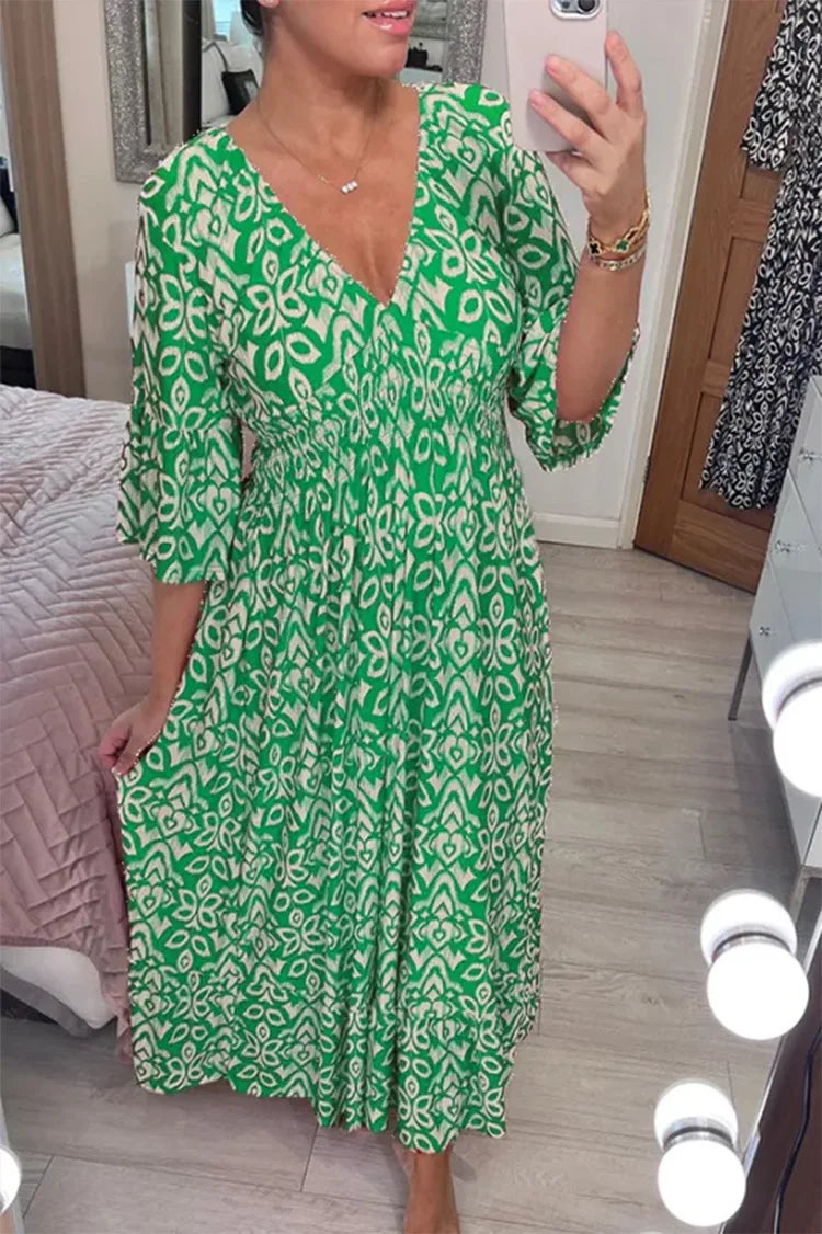 Sexy V Neck Half Sleeve Butterfly Floral Print Maxi Long Dress Summer Female Tunic Elastic Waist Loose Holiday Party Dresses