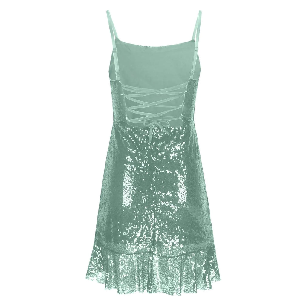 Sexy Slim Fitting Fashion Solid Color Sequin Back Cross Tie Ruffle Edge Sleeveless Suspender Irregular Hem Pleated Party Dress