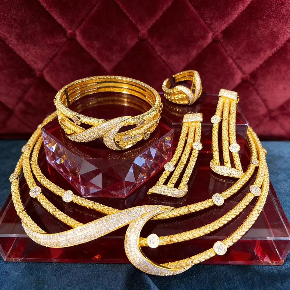 GODKI Leaf Charms 4Pcs Luxury Nigerian Jewelry Set For Women Wedding Cubic Zircon Dubai Bridal Necklace Earring Bangle Ring Set