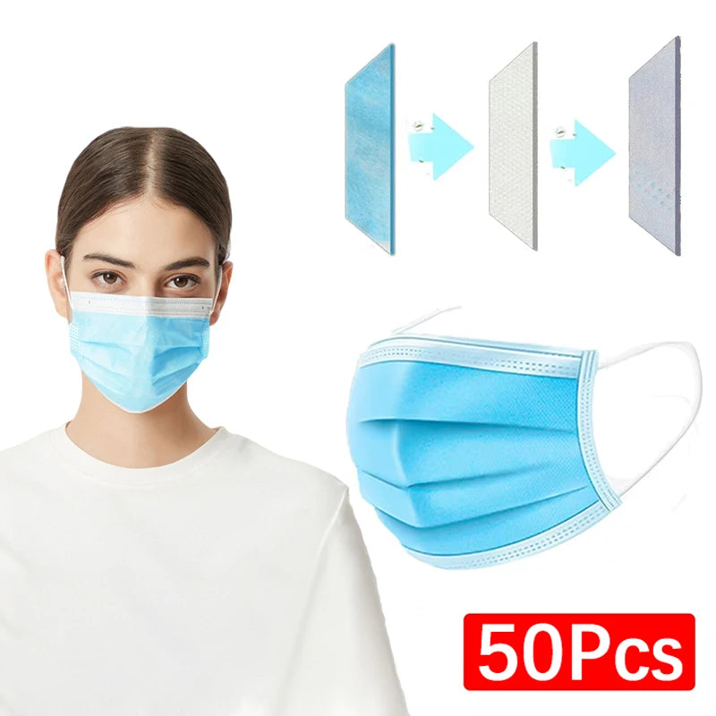 50Pcs 3-layer Mask Face Masks Melt Blown Cloth Disposable Safety Anti-Dust Protective Masks Blue Adults Non-wove Masque