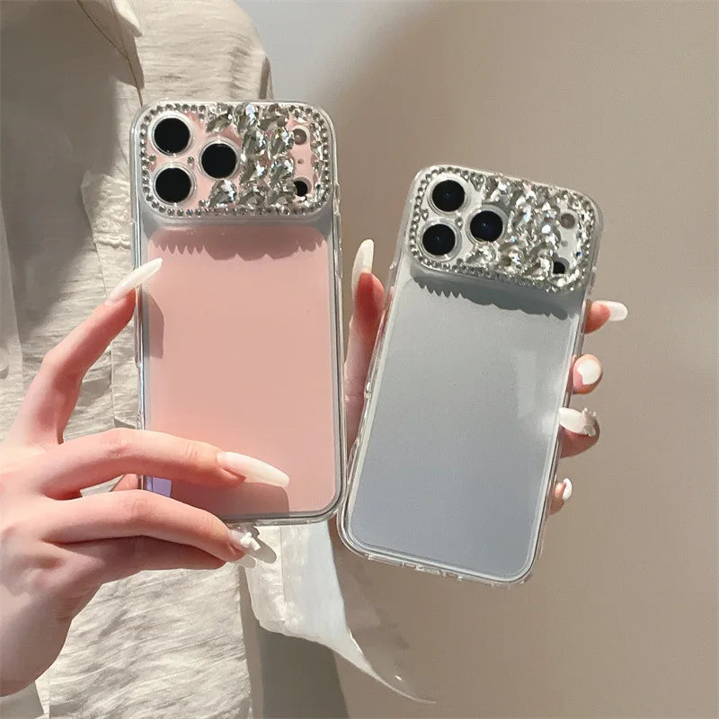 Luxury Sparkling Rhinestone Decoration Camera Frame Large Window Phone Case For iPhone 17 13 14 15 16 Pro Max Shockproof Cover