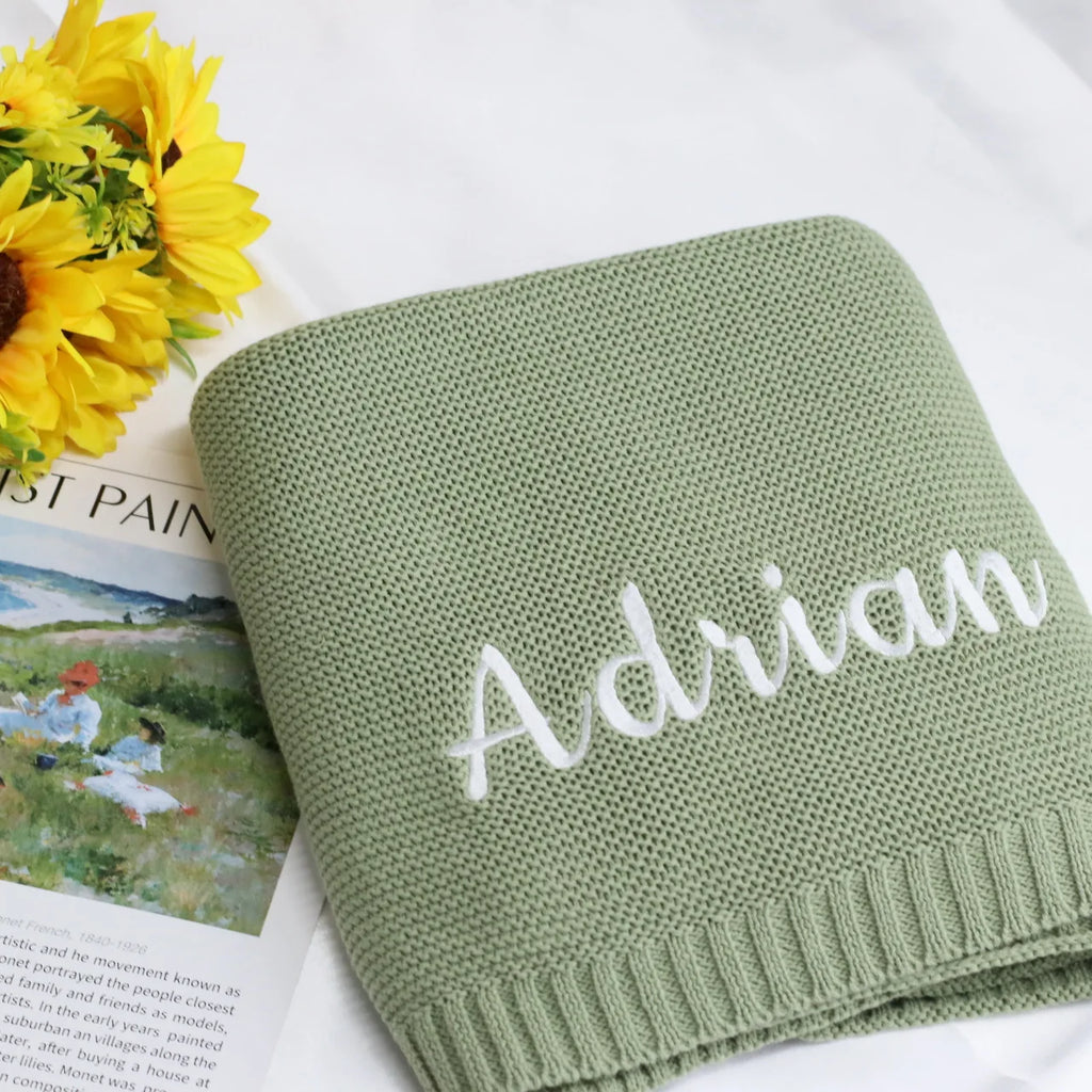 Personalized Embroidered Name Knitted Cotton Blanket Stroller Cover Kids Nap Blanket for Newborn Baby Shower Gift