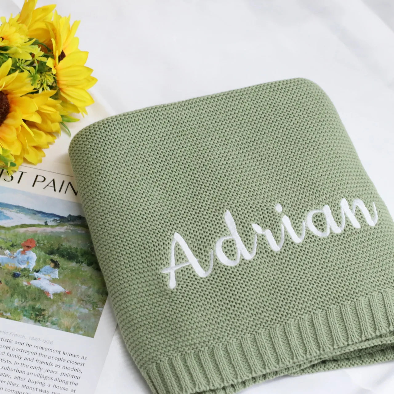Personalized Embroidered Name Knitted Cotton Blanket Stroller Cover Kids Nap Blanket for Newborn Baby Shower Gift