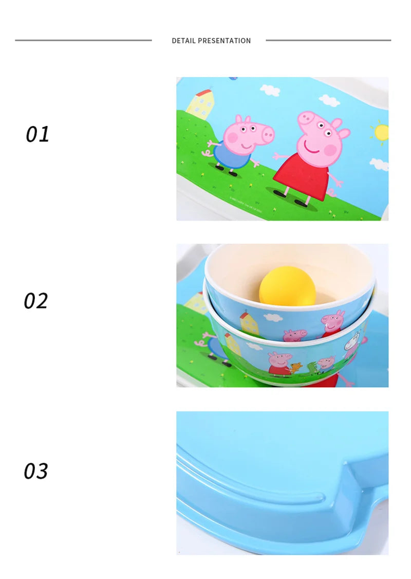 For Peppa Pig Tableware Cartoon Salad Bowl Anti-Fall Dining Plate Cup Spoon Baby Eating Double-ear Bowl Food-grade Divided Plate