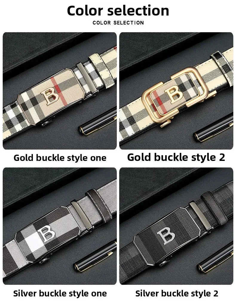 Trendy Plaid B Letter Automatic Buckle Belt for Men Premium Quality Fashionable Business Style Versatile Home Use