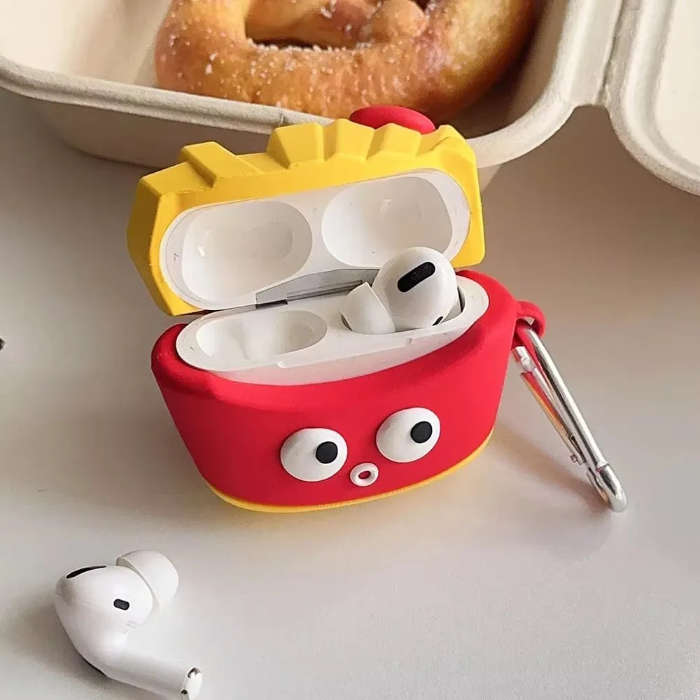 For AirPods 4 3 2 1 Pro Pro2 Earphone Case 3D French Fries Hamburger Silicone Protective Headphone Box With Pendant Cover