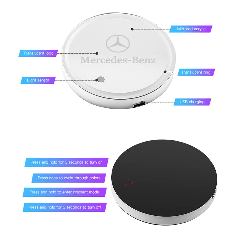 Car Glowing Coasters LED Light Water Cup Mat For Mercedes Benz AMG W203 W206 W220 W205 W211 Car USB Charging Coasters keychain