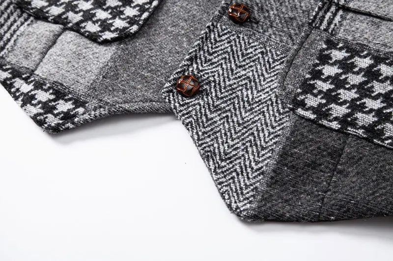 Men's Fashionable Retro Patchwork Collarless Plaid Vest Autumn Winter European Size Slim Fit Single Button Casual Youth Trend