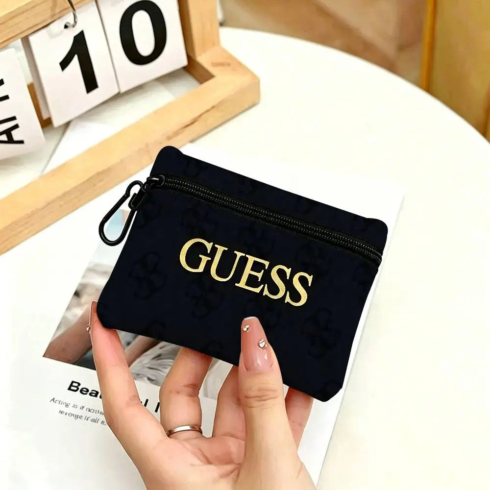 G-Guess-s logo White Oxford Cloth Zipper Coin Purse Lightweight Hanging Key Pouch Card Holder For Daily Use