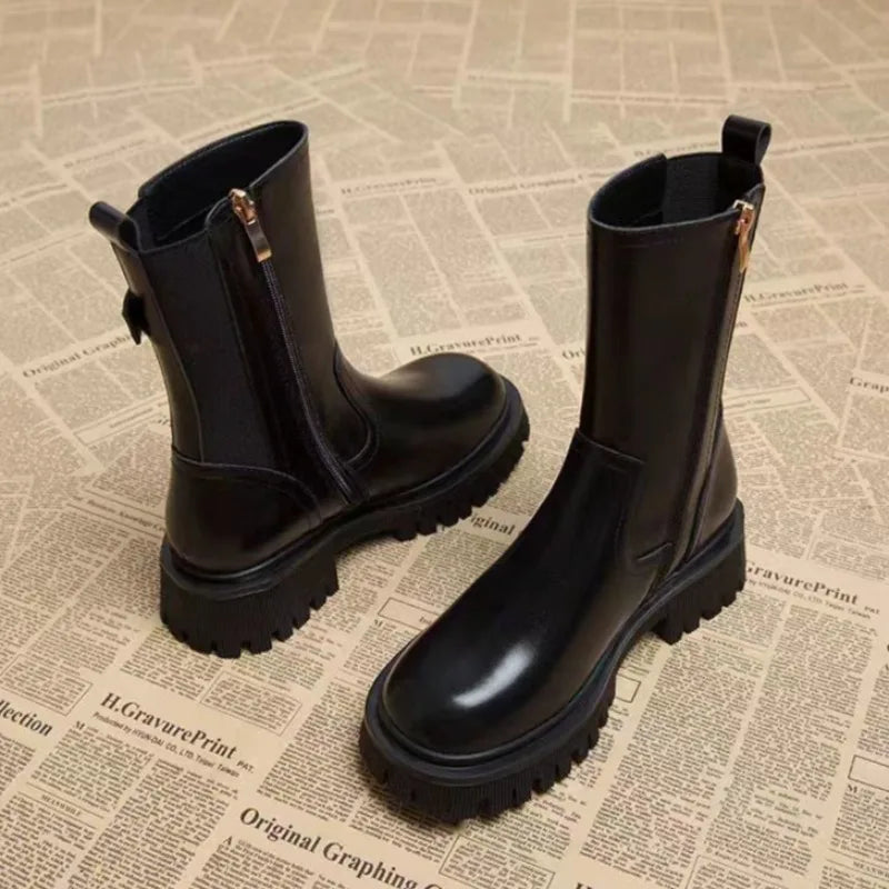 Women's Half High Boots Round Toe Chelsea Ladies Mid Calf Shoes Middle Heel Brown Footwear Spring Autumn Sale Gothic Demi-season