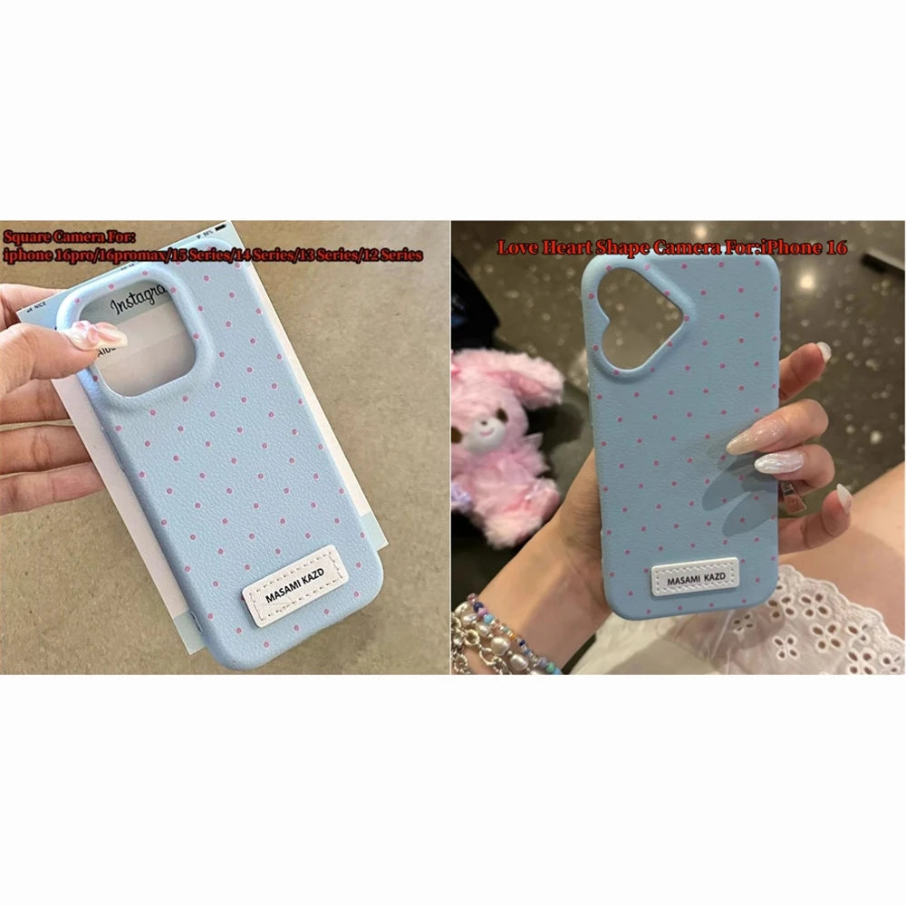 Korean Cute Love Heart Shape Camera Dots Leather Case For iPhone 17 Air 16 Pro 15 14 13 12 Pro Max Japan Kawaii Girl Soft Cover