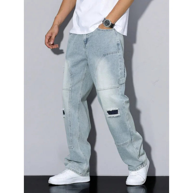 Men's Casual Denim Jeans Spring Autumn Winter Straight Leg Loose Fit Long Pants Double Belt Hole Pocket Daily Wear