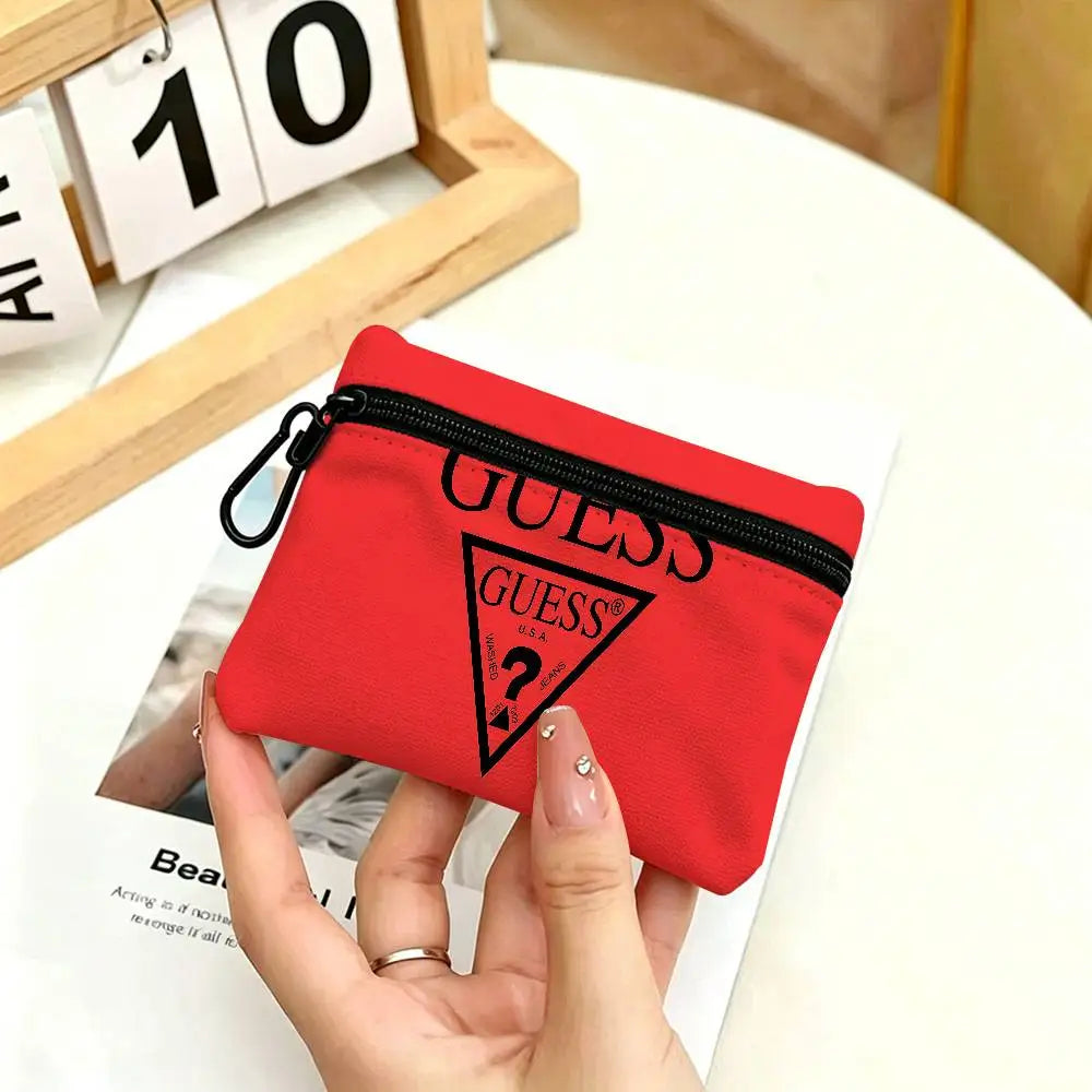 G-Guess-s logo White Oxford Cloth Zipper Coin Purse Lightweight Hanging Key Pouch Card Holder For Daily Use