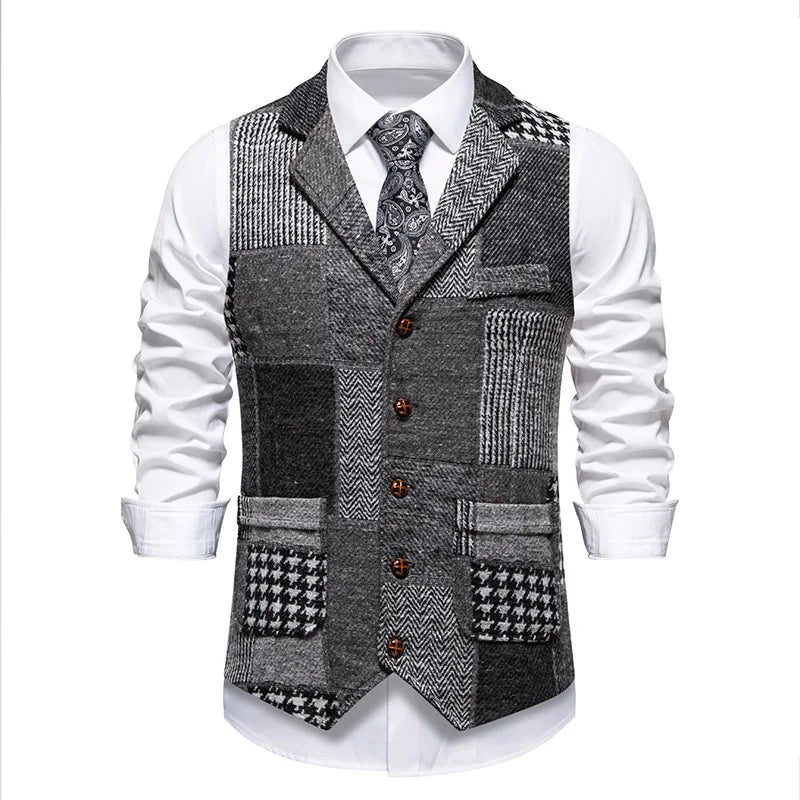Men's Fashionable Retro Patchwork Collarless Plaid Vest Autumn Winter European Size Slim Fit Single Button Casual Youth Trend