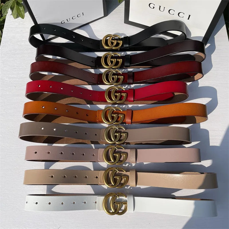 Pure Cowhide Leather Ladies Belt Antique Letter G Casual Retro Style Fashionable All-Match Width 2-4cm Alloy Buckle Fastener