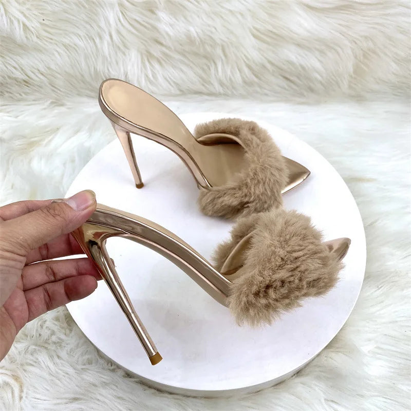 Summer 12CM Ladies Slippers Faux Fur Sexy Peep Toe Pointy Toe Women Shoes Slip-On Plus Size 46 Model Runway High Heel Sandals