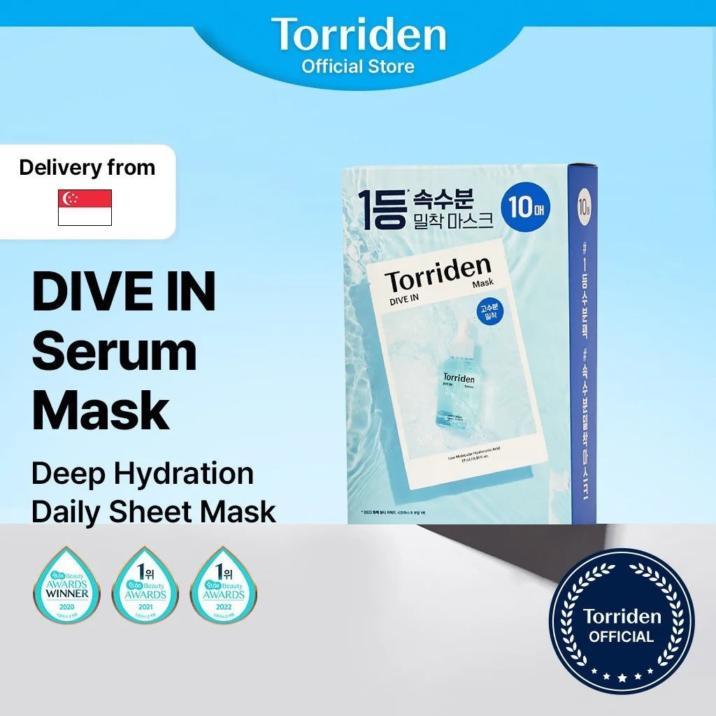 Torriden DIVE-IN Masques pour le visage à l'acide hyaluronique 10 pièces, fins et adaptés à la peau, hydratation profonde, trait