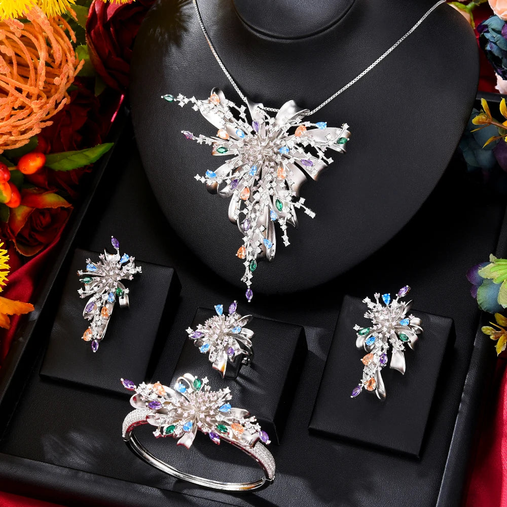 GODKI Famous Brand 4PCS Bicolor Flower African Jewelry Set For Women Wedding Party Zircon Crystal Dubai Bridal Jewelry Set Gift