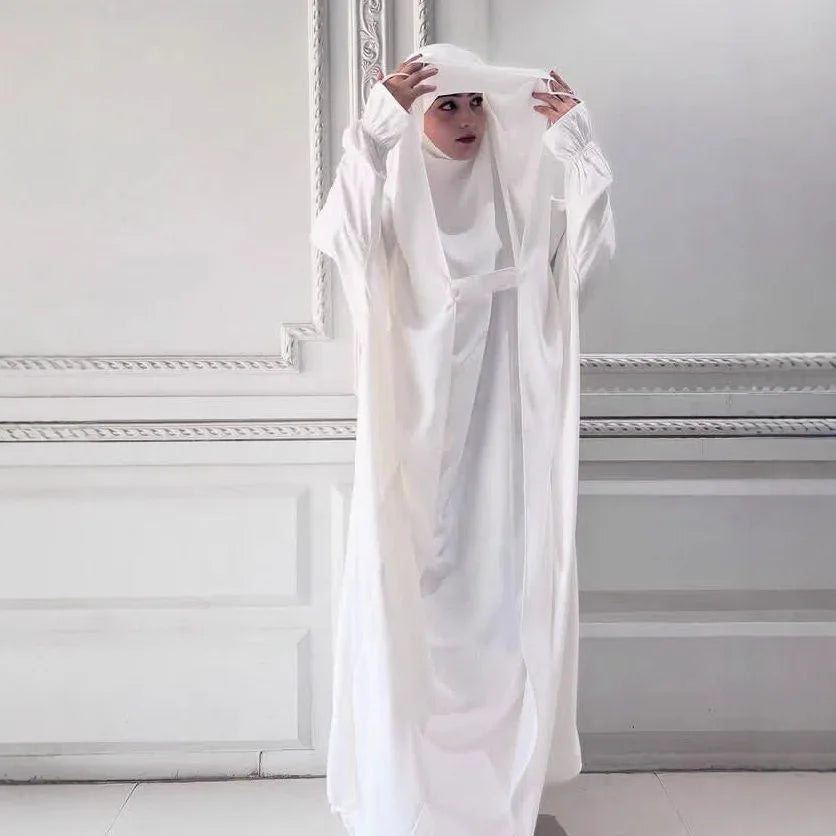 Muslim Abaya Hooded Smocking Sleeve One-piece Prayer Dress Women Jilbab Islamic Clothing Dubai Saudi Black Robe Turkish Modesty