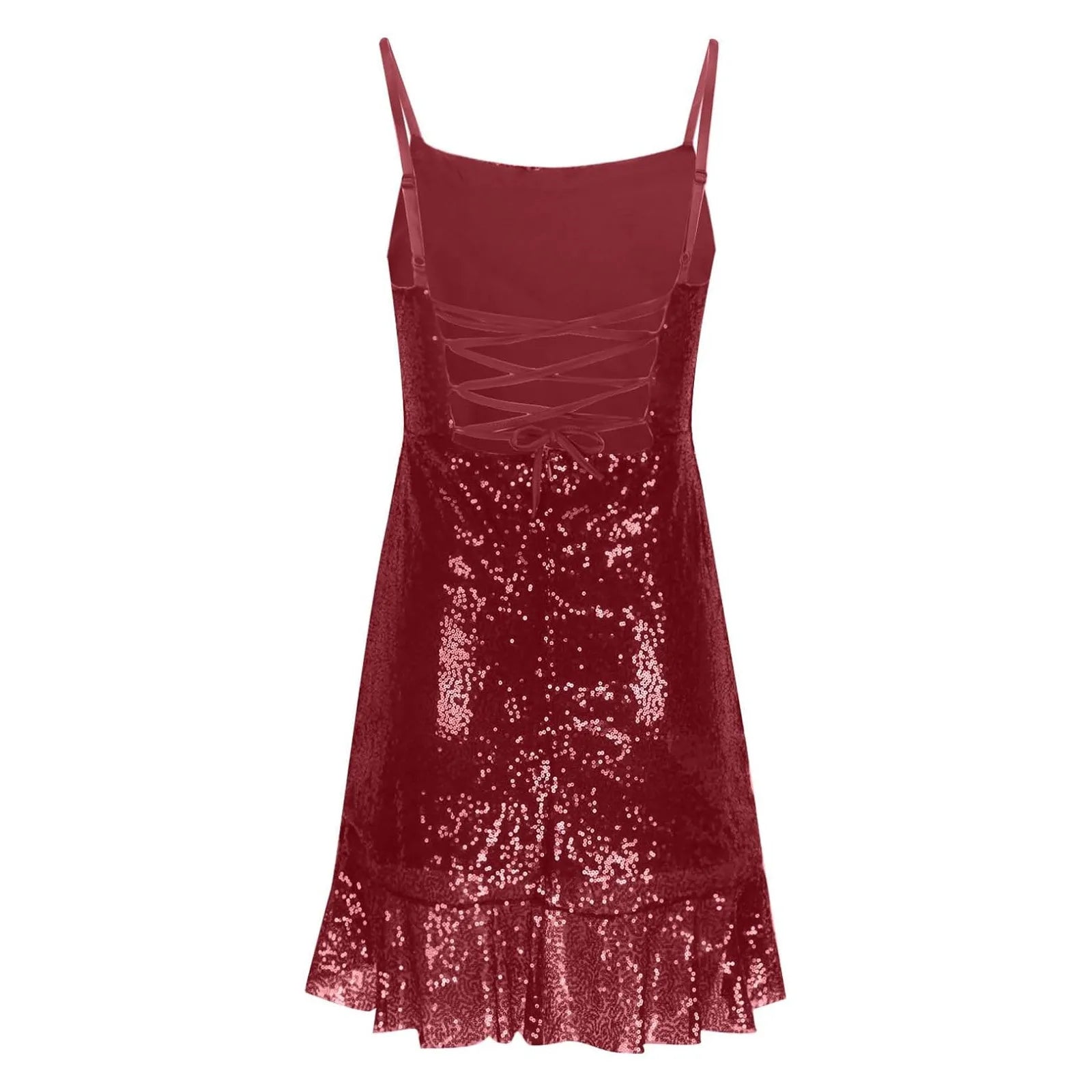 Sexy Slim Fitting Fashion Solid Color Sequin Back Cross Tie Ruffle Edge Sleeveless Suspender Irregular Hem Pleated Party Dress