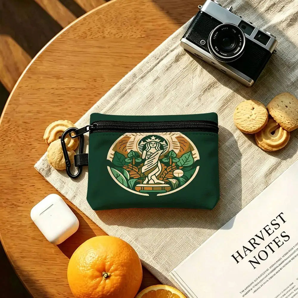 Cool S-Starbucks LOGO Mini Hanging Oxford Cloth Coin Bag Durable Zipper Key Card Pouch With Carabiner