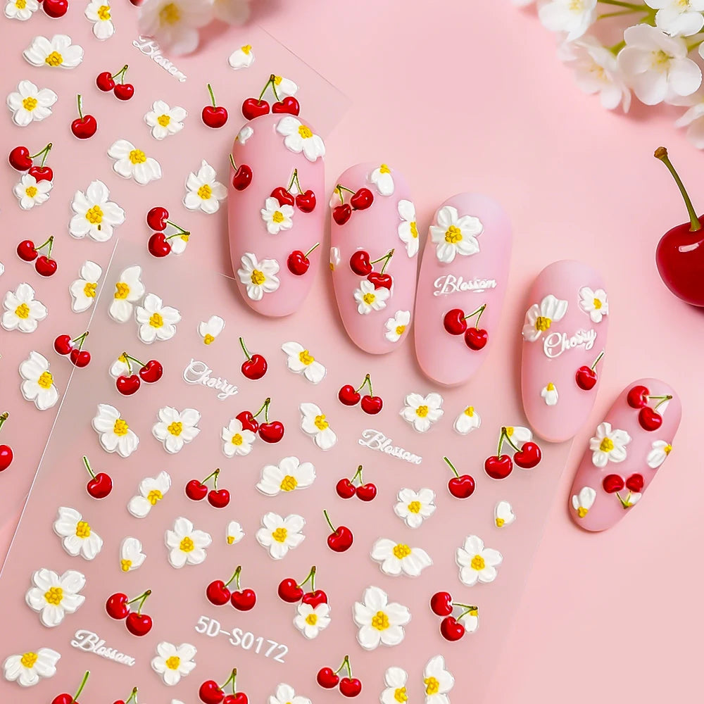 2pcs 5D Elegant Cherry Fruit Nail Stickers Kawaii Spring White Flowers Self-Adhesive Nail Decals DIY Wedding Season Nail Decor