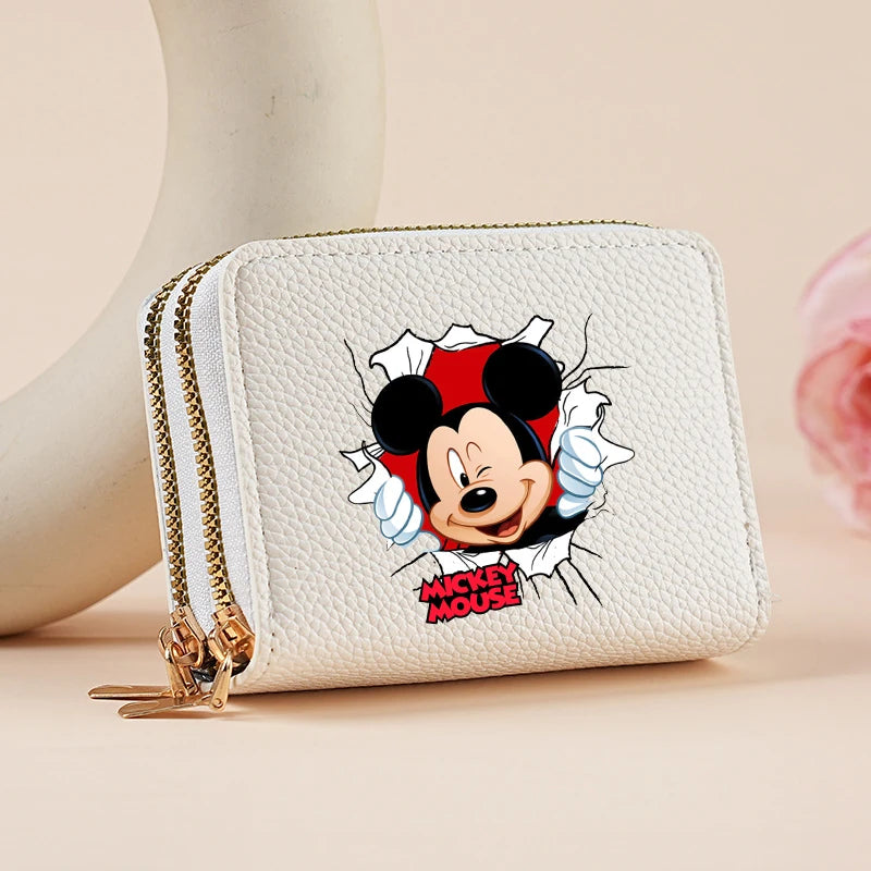 Mickey Minnie Women's Double Zipper Wallet Lychee Pattern Fashion Short Credit Card Holder with Large Capacity Coin Purse