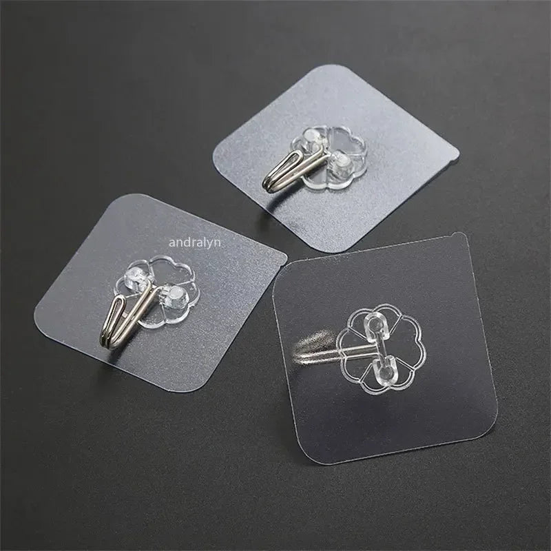 50pcs Transparent Stainless Steel Self-Adhesive Hooks Bathroom Towel Clothes Storage Sticker Hook Key Hangers Storage Holder