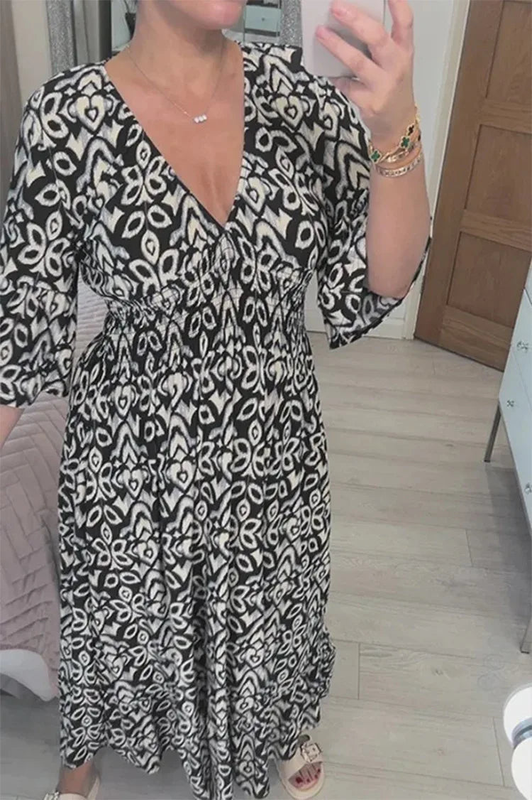 Sexy V Neck Half Sleeve Butterfly Floral Print Maxi Long Dress Summer Female Tunic Elastic Waist Loose Holiday Party Dresses