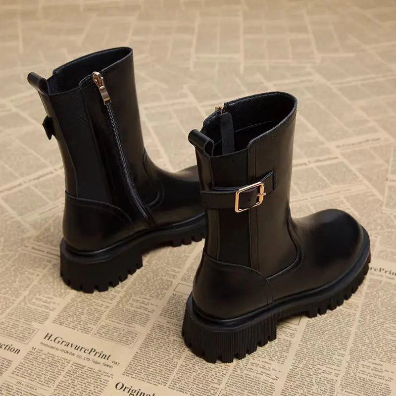 Women's Half High Boots Round Toe Chelsea Ladies Mid Calf Shoes Middle Heel Brown Footwear Spring Autumn Sale Gothic Demi-season