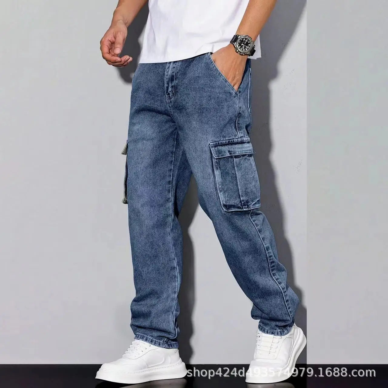 American High Street Hip Hop Style Loose Straight Leg Casual Long Jeans Multi Pocket Workwear Cotton Blend Spring Autumn