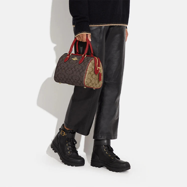 COACH Rowan Coated Canvas With Leather Handbag, Shoulder Bag, Crossbody Bag Medium Women's Brown & Red CH280-IMRVQ