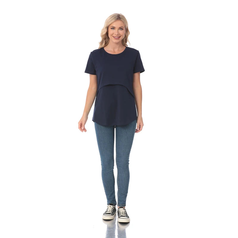 Plus Size Maternity T-Shirt Short Sleeve Stretch Cotton Breastfeeding Tees Loose Nursing Tops for Pregnant Women