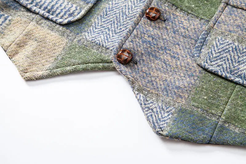 Men's Fashionable Retro Patchwork Collarless Plaid Vest Autumn Winter European Size Slim Fit Single Button Casual Youth Trend