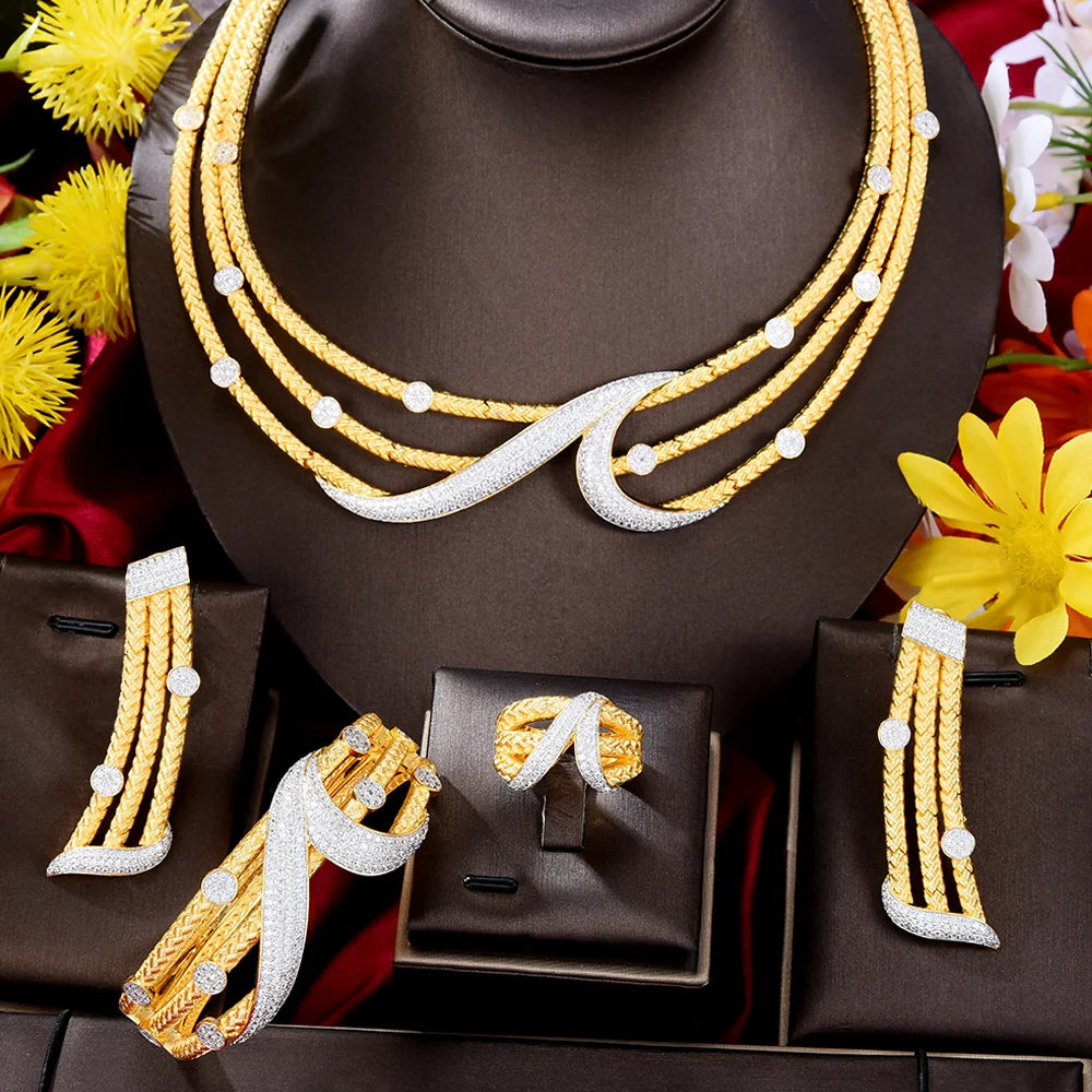 GODKI Leaf Charms 4Pcs Luxury Nigerian Jewelry Set For Women Wedding Cubic Zircon Dubai Bridal Necklace Earring Bangle Ring Set