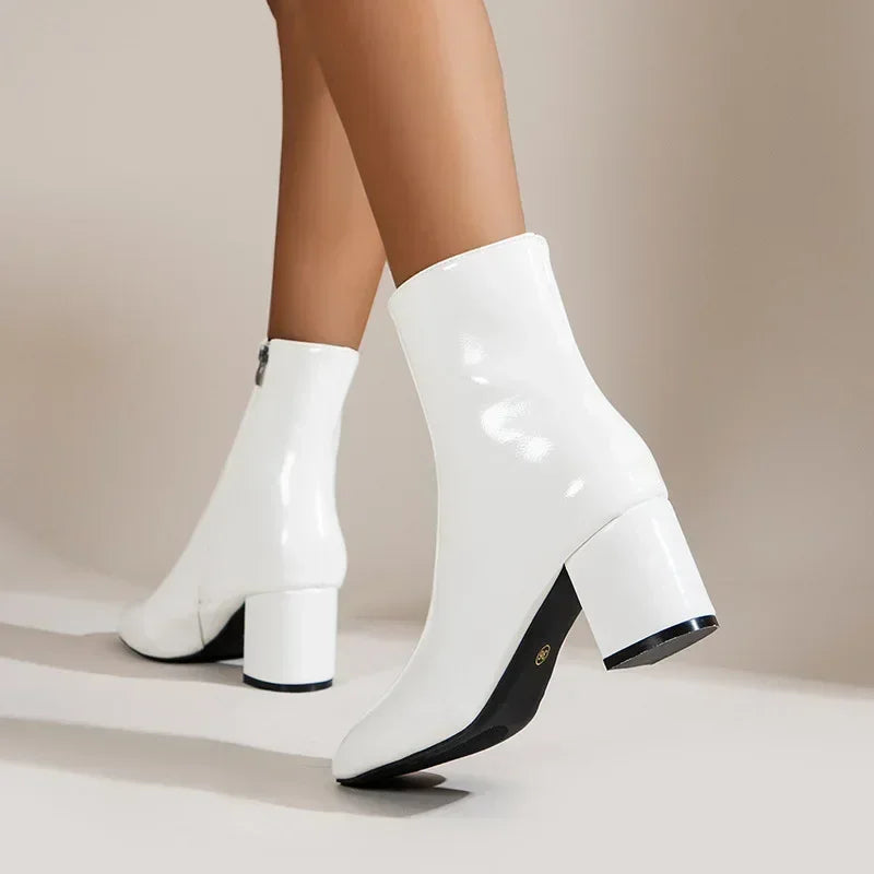 White Ankle Boots for Women 2024 New Side Zipper Stretch Middle Heel Large Size Short Boot Fashion Pointed Shoes Botas De Mujer