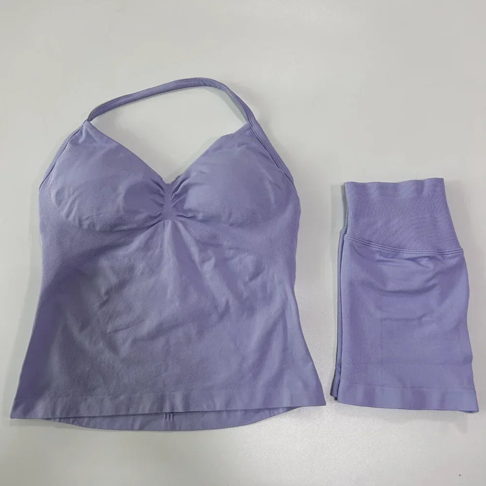 2 Pieces Sports Set Women Backless Tank Tops High Waist Scrunch Seamless Shorts Sport Suit Gym Set Sportswear Workout Set