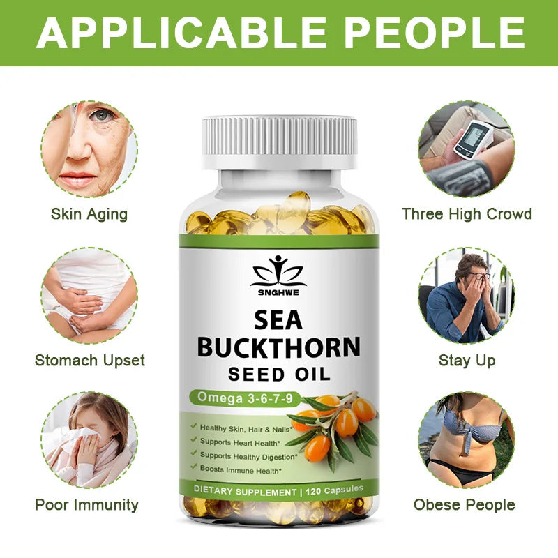 Organic Omega-7 Sea Buckthorn Seed Oil Capsule for Heart, Immune Support, and Intestinal Health, Healthy Skin, Hair and Nails