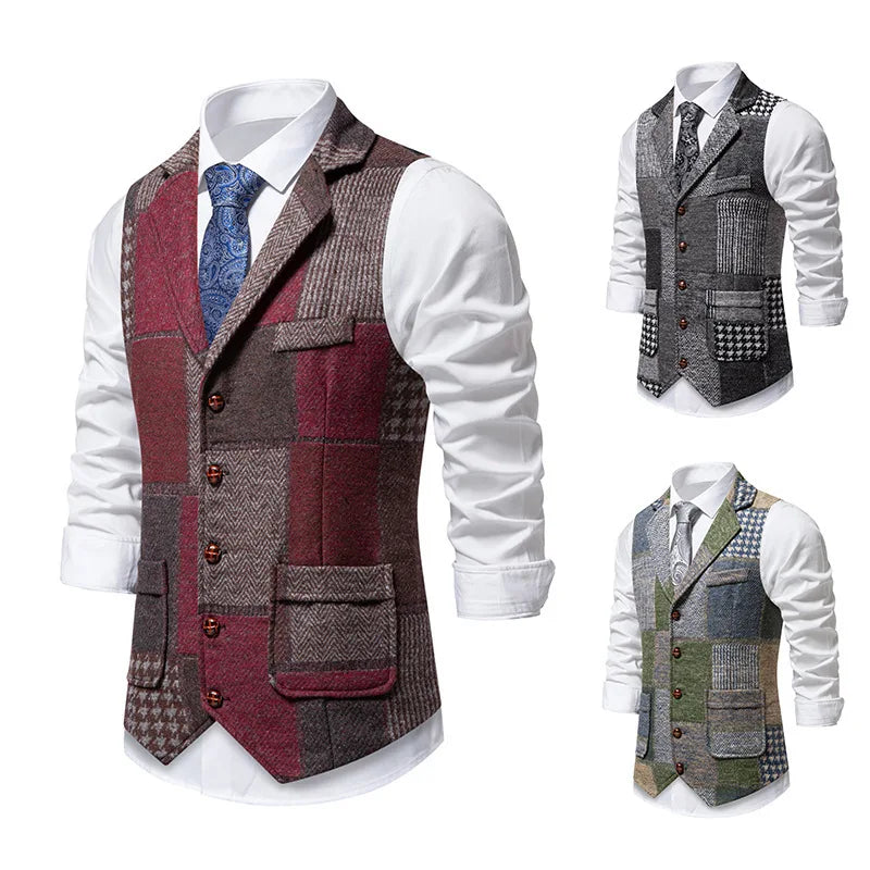 Men's Fashionable Retro Patchwork Collarless Plaid Vest Autumn Winter European Size Slim Fit Single Button Casual Youth Trend